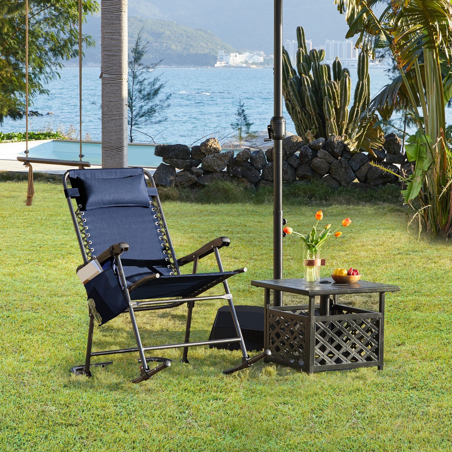 Costoffs Patio Chair Foldable Rocking Chair, Outdoor Lounge Chair with Headrest Pillow for Outdoor Use Only, Napping or Sunbathing, Black/Beige/Navy Blue Outdoor Use Only