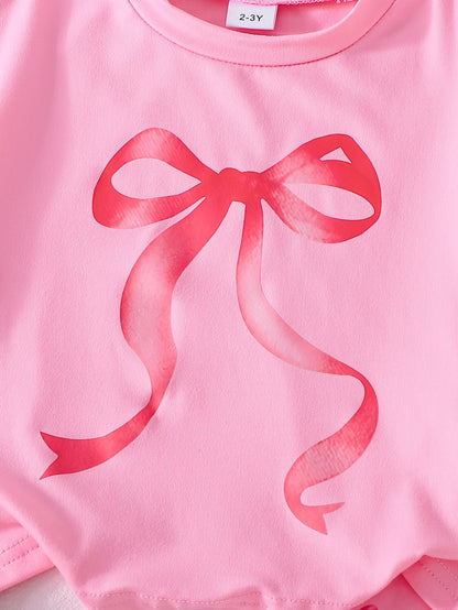2pcs Set of Casual Loose-fitting Round-neck Short-sleeve T-shirt and Shorts for Girls Aged 1-6, Featuring Cute Heart and Bowknot Prints, Suitable for Daily Wear, Outings, Home, and School in Spring and Summer, Perfect for Outdoor