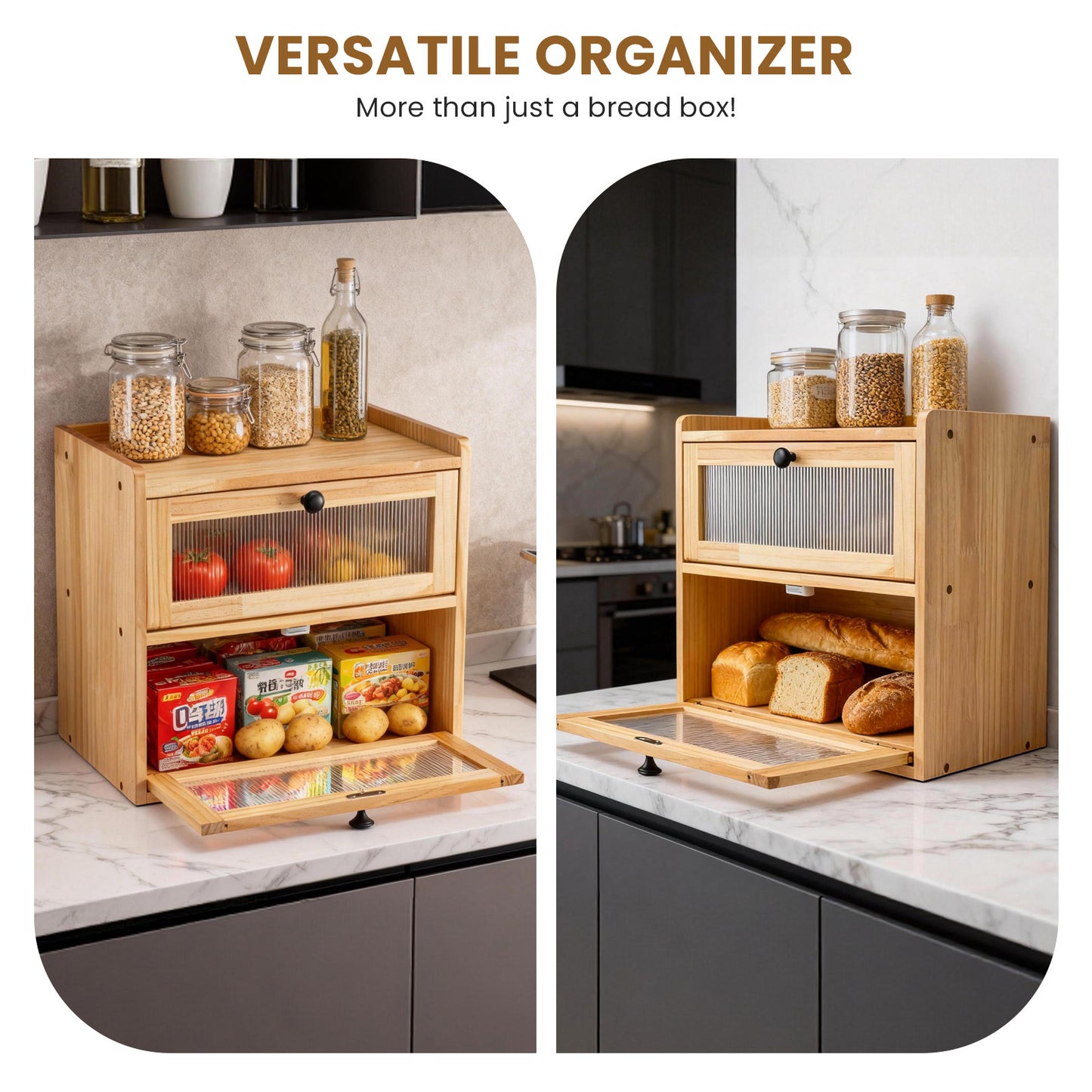 Double Layer Bread Box for Kitchen Counter, 2 Decker Large Wooden Bread Bin, Corner Bread Storage Container with Acrylic Windows, Dry Food Container with Air Vents to Keep Fresh, Self Assembly