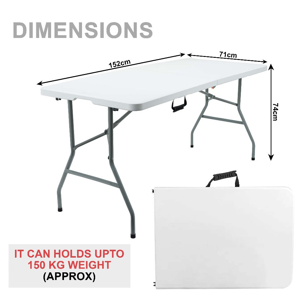 Folding Table 5ft 1.5m Heavy Duty Portable Trestle Table with Carry Handle, Sturdy White Plastic Camping Table with Steel Frame for BBQ, Picnic, Garden, Party, Market Stall & Office Use