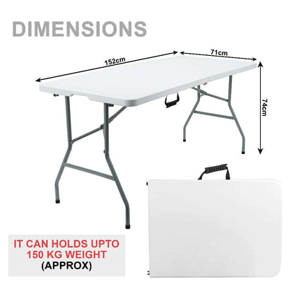 Folding Table 5ft 1.5m Heavy Duty Portable Trestle Table with Carry Handle, Sturdy White Plastic Camping Table with Steel Frame for BBQ, Picnic, Garden, Party, Market Stall & Office Use
