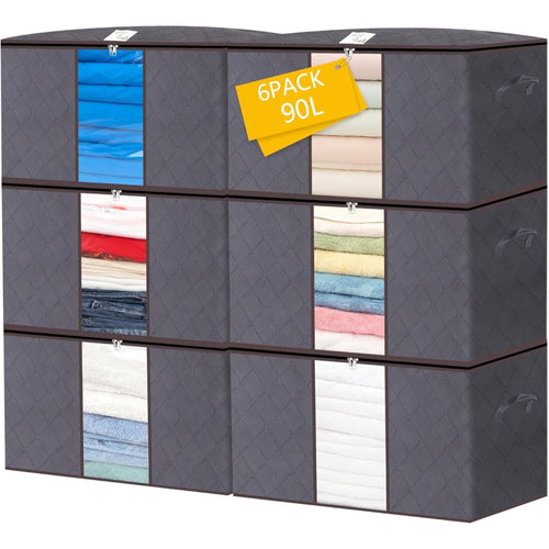 6pcs 90L Large Capacity Fabric Storage Bags for Clothes & Bedding | Foldable Wardrobe Organizers with Handles & Clear Window | Dust & Moisture Protection | Home & Dorm Use