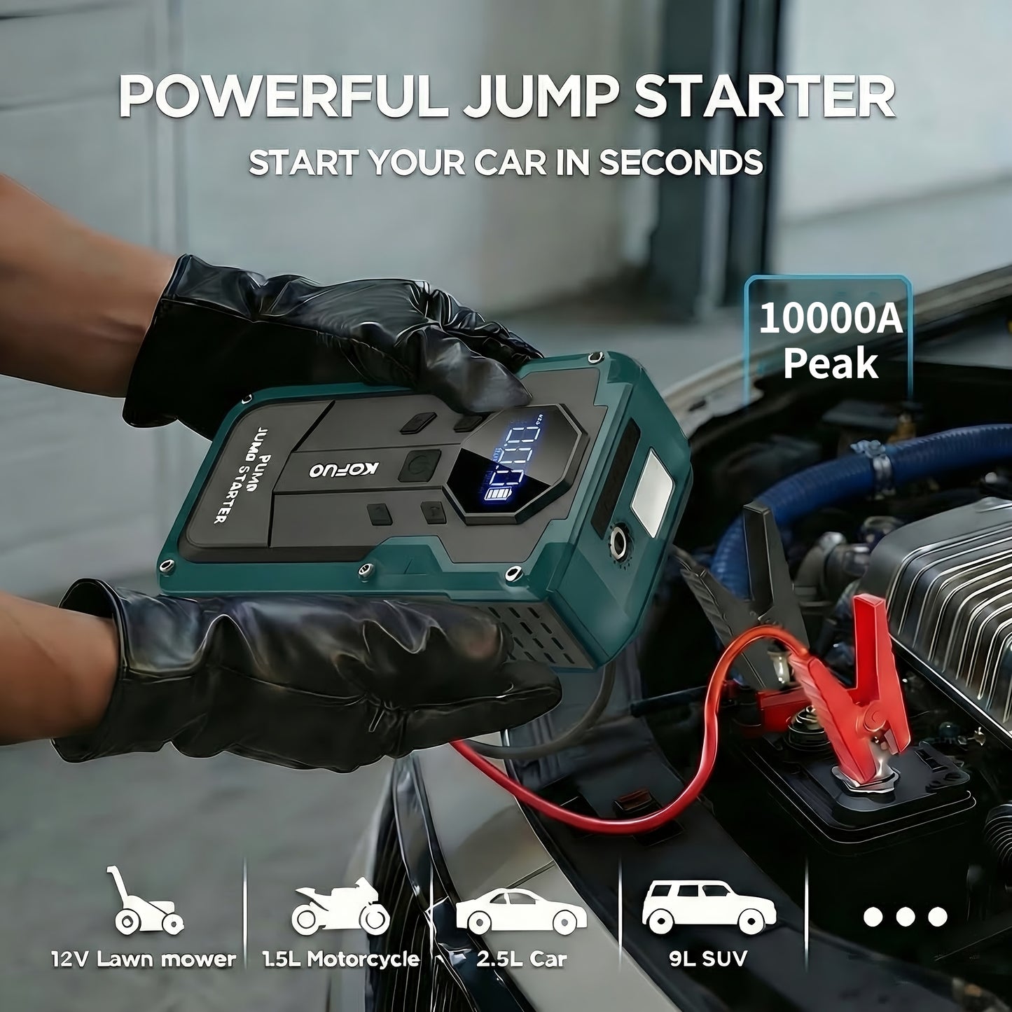 5000A/10000A Peak 12V Car Jump Starter Battery Booster Jump Box, 150PSI Air Compressor Tire Inflator, Up to 10L Gasoline/8L Diesel Engines, 7-In-1 Power Bank, LCD Display, LED Flashlight SOS Strobe, Emergency Kit for Cars SUV Motorcycles