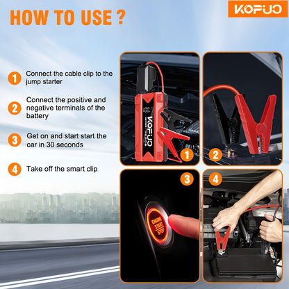 KOPUO Car Battery Jump Starter Portable 3000A: Supports 1.32gal Gas/1.06gal Diesel, with Safe Jumper Cables+Fast Charge+LED Light/SOS, Essential for Camping Trips/Long-Distance Road Trips/Vehicle Breakdowns