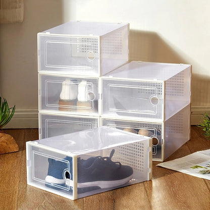 Pack of 12 Stackable Shoe Organizers Shoe Storage Boxes with Dustproof Doors, Large Shoe Boxes Transparent Foldable Shoe Storage Cabinet, Portable Space-saving Shoe Box, Under Bed Shoe Containers, Versatile Footwear Containers Holder for Entryway, Closet,