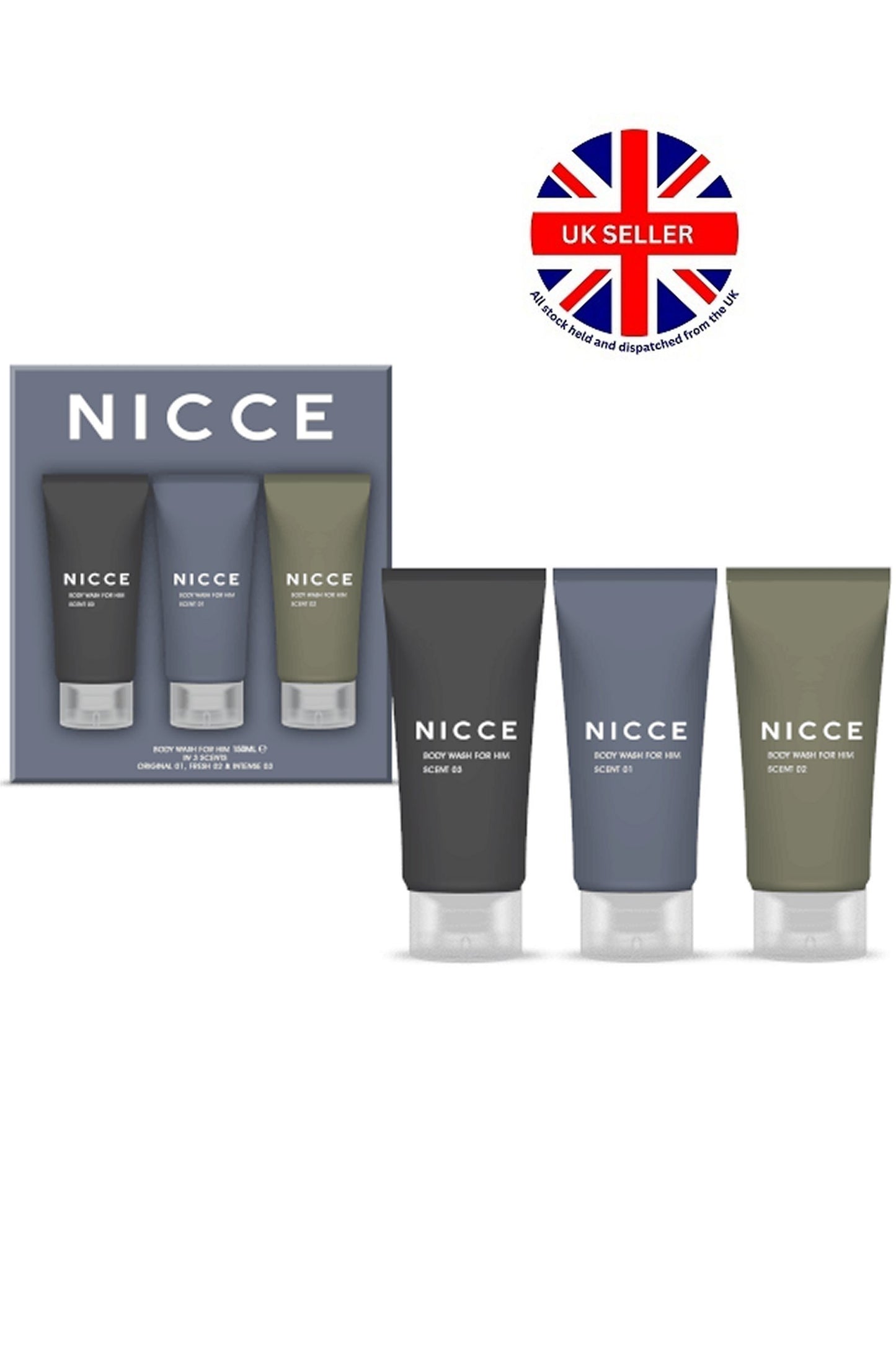 Nicce for Men Body Wash for Him Set 3 x 150ml Original#01, Fresh#02, Intense #03 Mens Gift Set