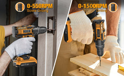 29pcs JUSFIT Cordless Hammer Drill Set, Cordless Combi 3/8" keyless Chuck Drill Kit, Drills Driver with 2 *Batteries and 1 Case, Electric Screwdriver Set, 25+3 Clutch, 3 IN 1 Functions, Variable Speed, LED light, Hammer Drill for Drilling and Screw Drivin