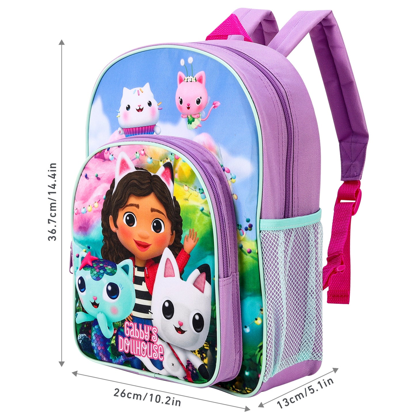 Gabby'S Dollhouse Kids Childrens Premium Backpack School Rucksack Travel Bag with Side Mesh Pocket And Front Zipped Pocket