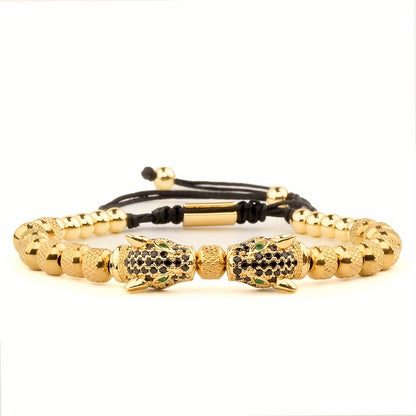 Luxury Leopard Head Men's Bracelet 304 Stainless Steel Bead Bracelet Banlge Adjustable Size Men's Jewelry Gift, Best for Christmas