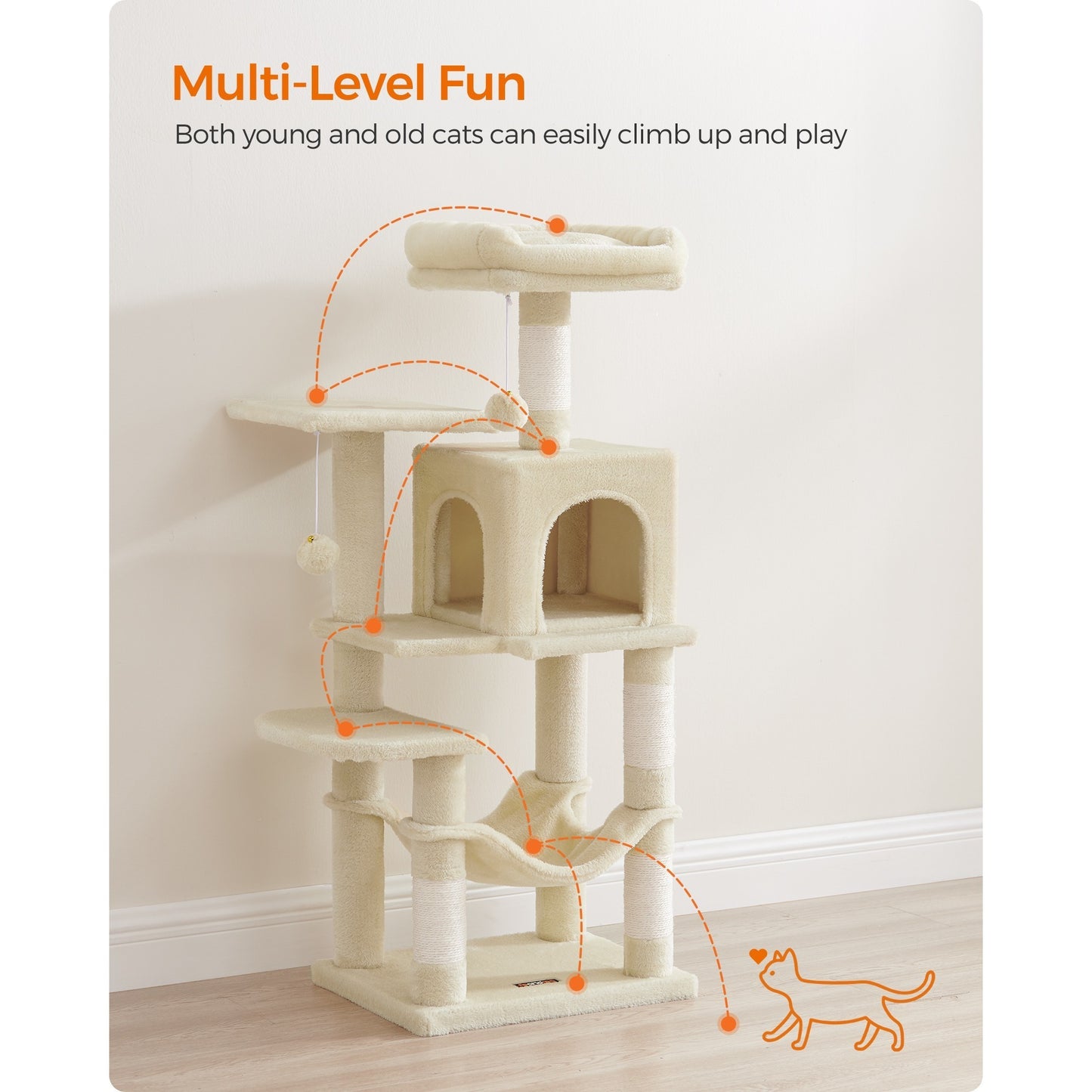 112 cm Cat Tree, Multi-Level Soft Plush Cat Tree, Cat Tower Condo with 4 Cat Scratching Posts, Hammock, Cave, Platform, Toys, Pink/White/Beige/Grey, Easy Assembly and Sturdy, Indoor Cat Furniture