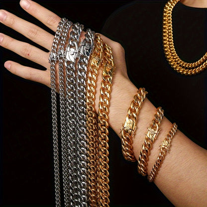 304L 304L Stainless Steel Artificial Round Polished Surface Plated 18K Gold Plated Width 10Mm Golden Cuban Bracelet 'Necklace' Suitable for Men And Women Hip Hop Fashion Accessory Jewelry