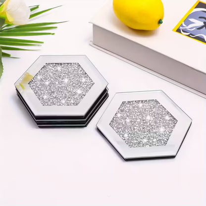 SERENA'S ® Set of 4 Hexagon Crystal Coasters – 10cm Glass Mirrored Drink Coasters with Glitter Crushed Diamond Design – Elegant Coasters for Home, Kitchen, Bar, or Table Decoration