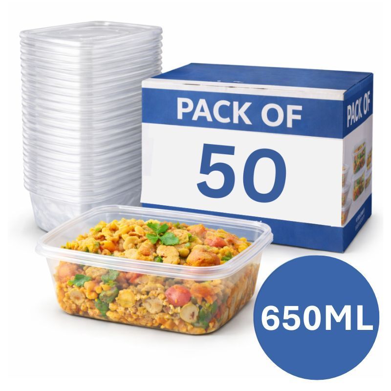 50 X 650ml Plastic Food Containers with Lids - Reusable Free Food Containers with Airtight Lids - Microwavable, Freezer and Dishwasher Safe