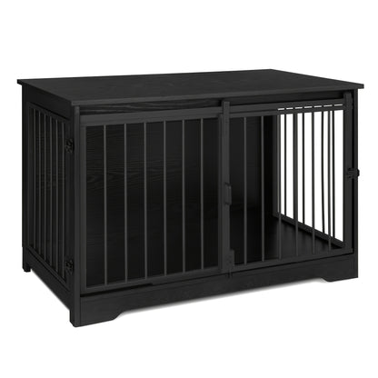 Dog Crate Furniture, 100.08cm Double Door Dog Crate with Barn Door, Dog Kennel Indoor, End Side Table Wooden Dog Crate for Small Medium Large Dog, Anti-Chew Anti-Escape, Greige, White