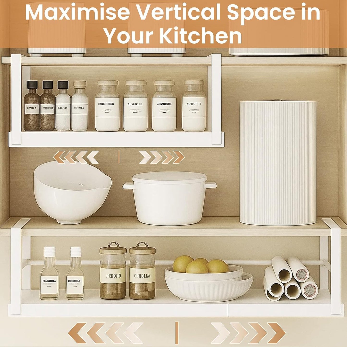 Expandable Under Cabinet Storage Shelf 45–63cm, Adjustable Metal Hanging Organizer Rack for Kitchen, Pantry & Bathroom