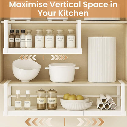 Expandable Under Cabinet Storage Shelf 45–63cm, Adjustable Metal Hanging Organizer Rack for Kitchen, Pantry & Bathroom