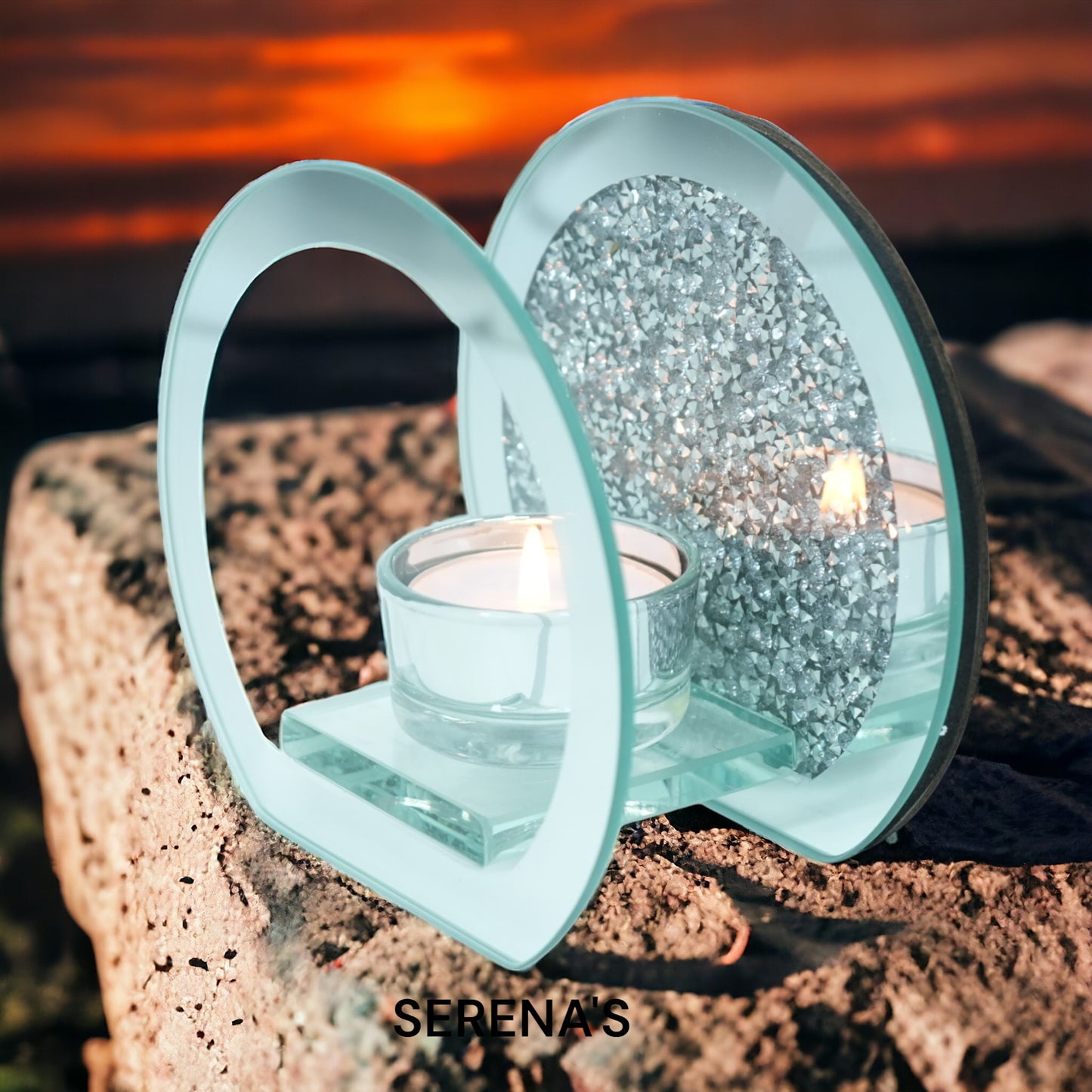 SERENA'S ® Elegant Crushed Diamond Crystal Tealight Candle Holder with Clear Silver Mirror Glass – Decorative Glass Walls for Home Decor and Special Occasions