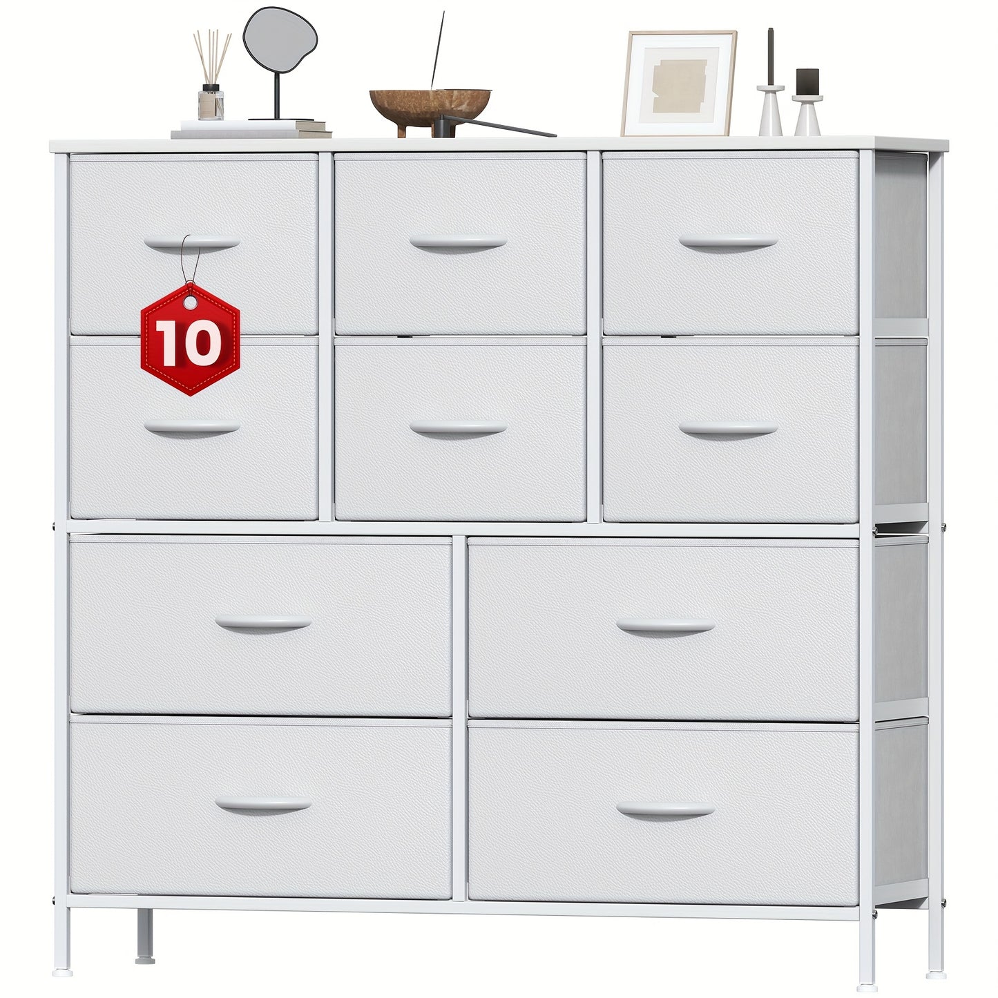 10-Drawer Dresser with Metal Frame & Fabric Drawers – MDF Top, Adjustable Legs & Anti-Tip Safety for Bedroom, Closet, Living Room & Office
