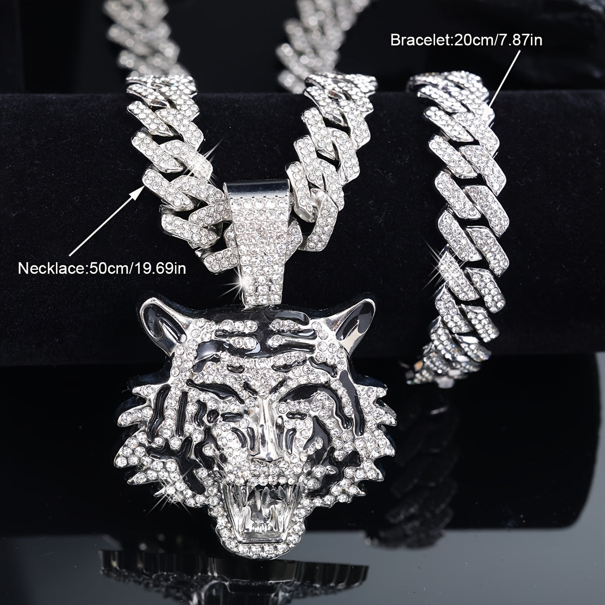 3pcs Dazzling Cool 3D Tiger Pendant Necklace And Bracelet Set, Trendy Miami Cuban Chain Jewelry Set, Unisex Hip-Hop Men'S Necklace Jewelry, Durable Construction And Versatile Style
