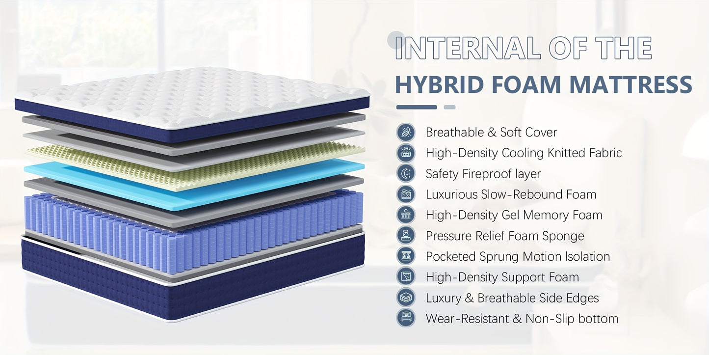 30cm Hybrid Mattress Pocket Sprung 3ft 4ft 4FT6 Double 5ft King 6ft Memory Foam Mattress In A Box, Pocket Spring for Edge Support, Medium Firm Mattress for Balance Of Comfort And Support, Fiberglass Free & Isolate Motion