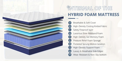 30cm Hybrid Mattress Pocket Sprung 3ft 4ft 4FT6 Double 5ft King 6ft Memory Foam Mattress In A Box, Pocket Spring for Edge Support, Medium Firm Mattress for Balance Of Comfort And Support, Fiberglass Free & Isolate Motion