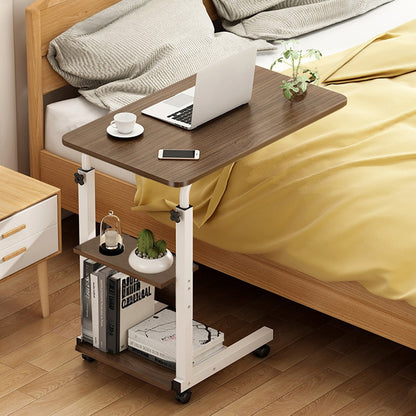 Rolling Mobile Laptop Desk with 2-Tier Storage Shelves – Height-Adjustable Overbed Side Table with Lockable Wheels for Home Office, Bed, Sofa & Study, Space-Saving WFH Workstation