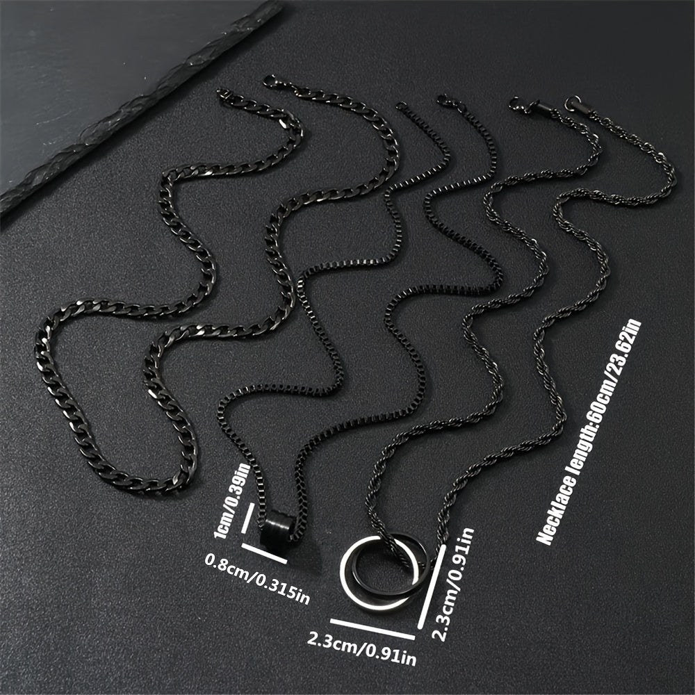 3pcs Black Stainless Steel Men's Cuban Link Twisted Chain Set, Suitable for Clothing Accessories