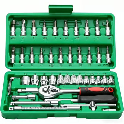45pcs Car Repair Socket Wrench Set, Stainless Steel Ratchet Wrench with Ratchet Handle, Drill Socket, Extension Bars, Heavy Duty Mechanic Hand Tools with Storage Case