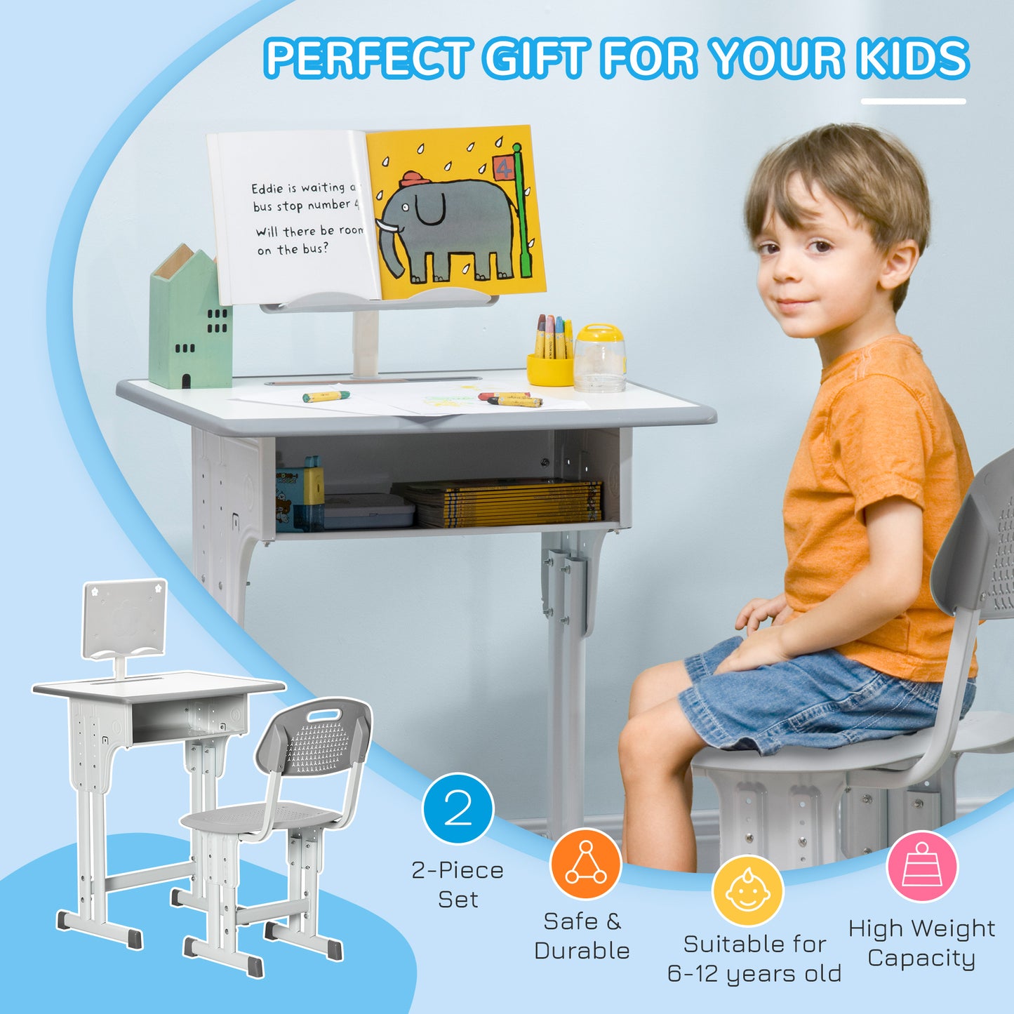 Kids Desk and Chair Set Adjustable Height Study Table Set w/Drawer, Book Stand, Pen Slot