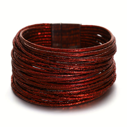 1pc Slim Stripes Wide Multilayer Wrap Bracelet Metallic Shiny Glitter Artificial Leather Cuff with Magnetic Clasp Jewelry for Men Women Holiday Party Birthday Gifts