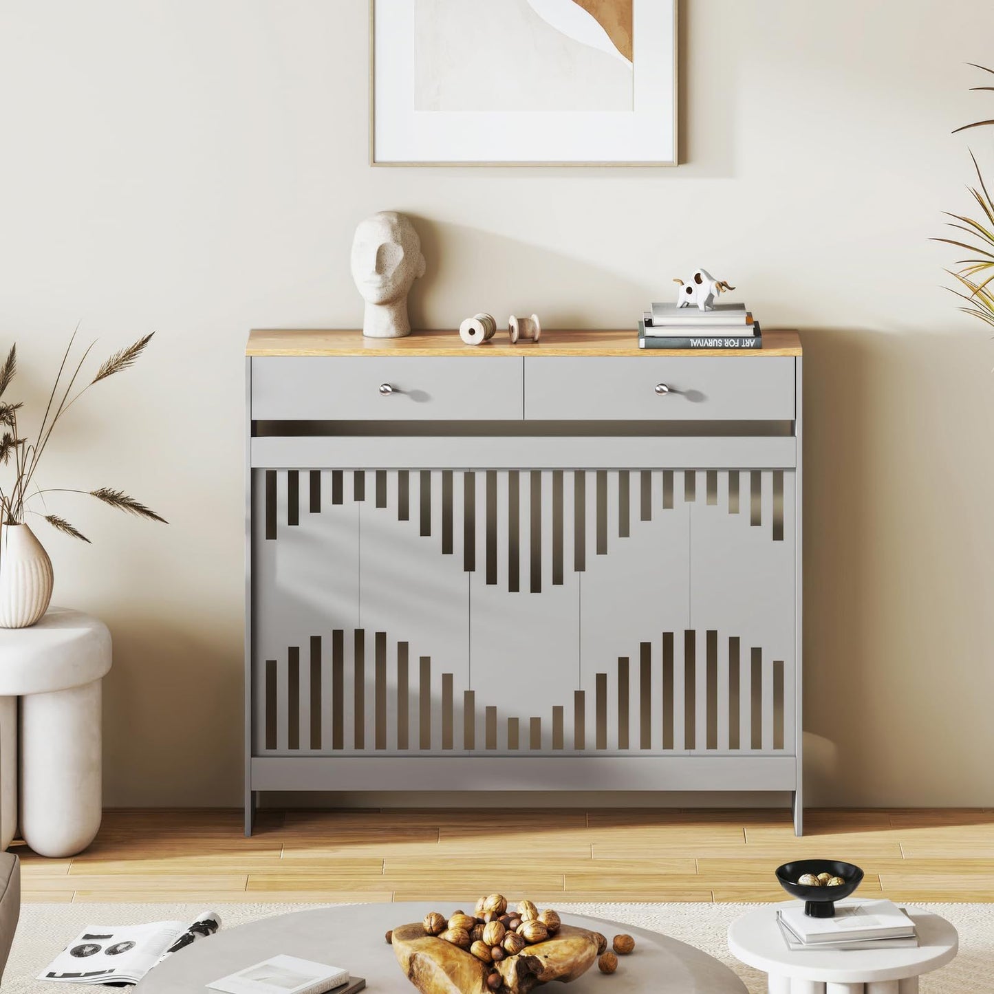 Modern White MDF Wood Radiator Cover with Drawers - Contemporary Style, Great Choice for Living Room, Bedroom, Hallway, Suitable for Placing Decorative Items and Storing Small Objects.