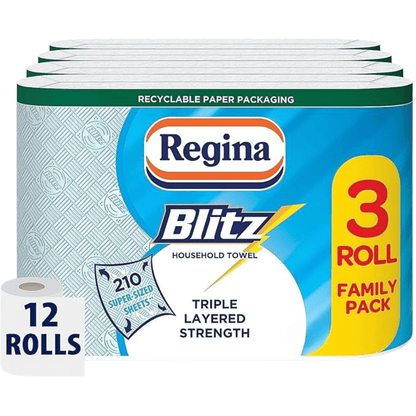 Regina Blitz Household Towels – 12 Rolls Per Pack, 3-Ply Kitchen Roll, 70 Sheets Per Roll, Paper Packaging