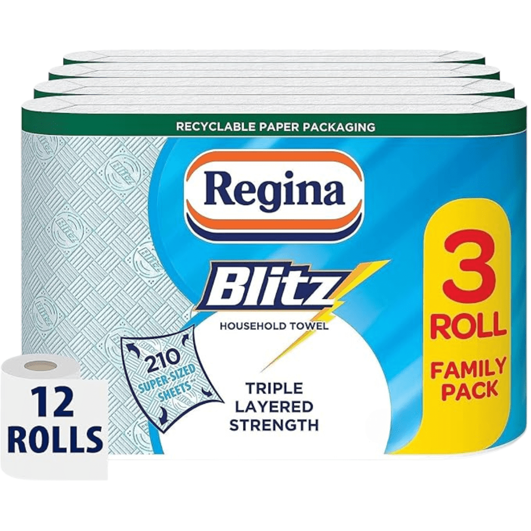 Regina Blitz Household Towels – 12 Rolls Per Pack, 3-ply Kitchen Roll, 70 Sheets Per Roll, Paper Packaging, Recycled, Ultra-Resistant, Streak-Free Cleaning, Scratch Protection