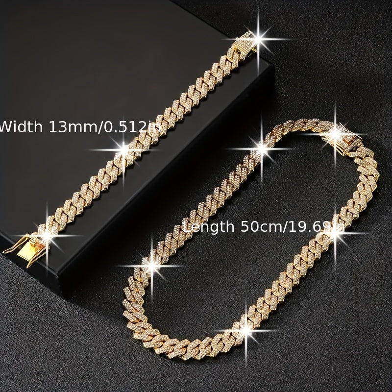 2pcs/set Necklace+bracelet Luxury Set Domineering Y2K Cuban Lozenge Link Chain Necklace, Hip Hop Miami Unisex Necklace, Rapper Necklace Jewelry, Trendy Accessories Encryption style