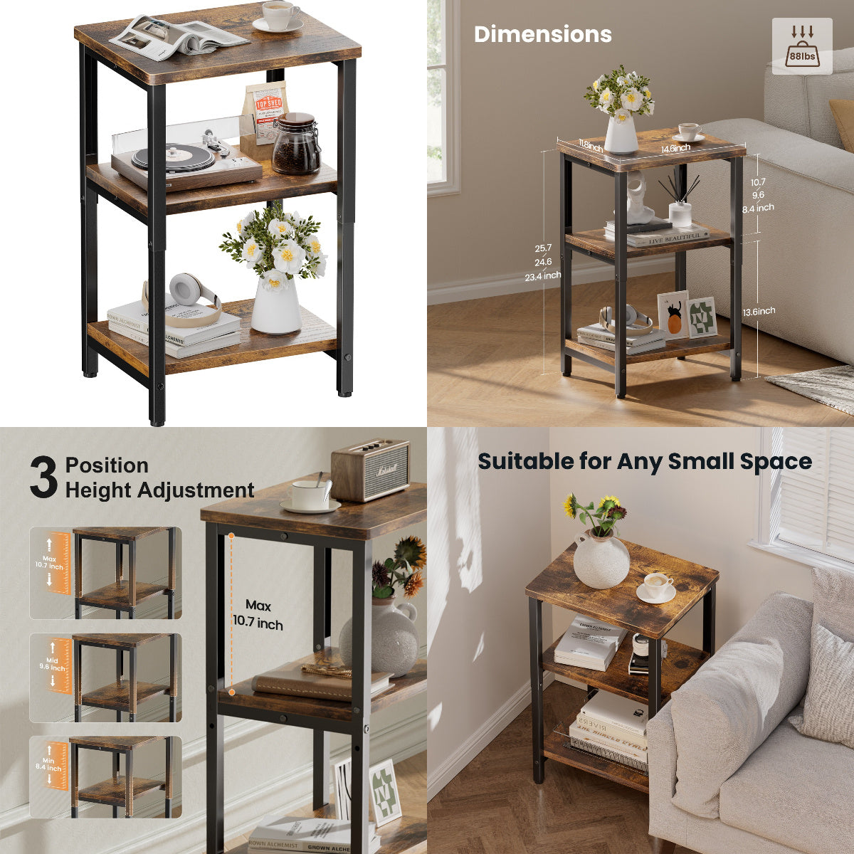 Bookshelf, Sofa Side Table Living Room, Industrial End Table With 3-Tier Storage Shelves, Bedside Tables With Height Adjustable, Steel Frame, Nightstand 37 x 30 x 59.4/62.4/65.4 cm, 4 Colors