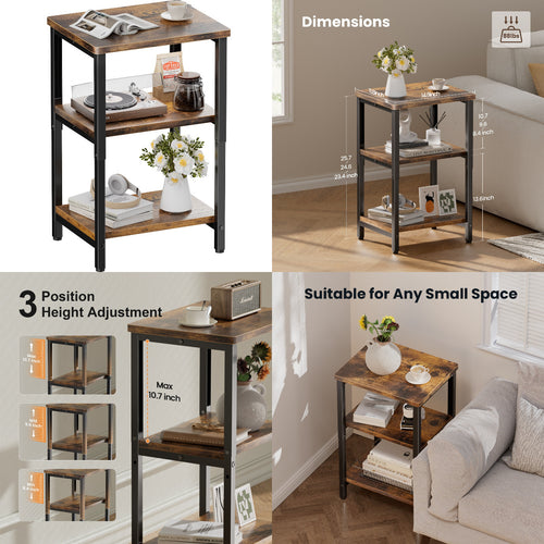 Bookshelf, Sofa Side Table Living Room, Industrial End Table With 3-Tier Storage Shelves, Bedside Tables With Height Adjustable, Steel Frame, Nightstand 37 x 30 x 59.4/62.4/65.4 cm, 4 Colors