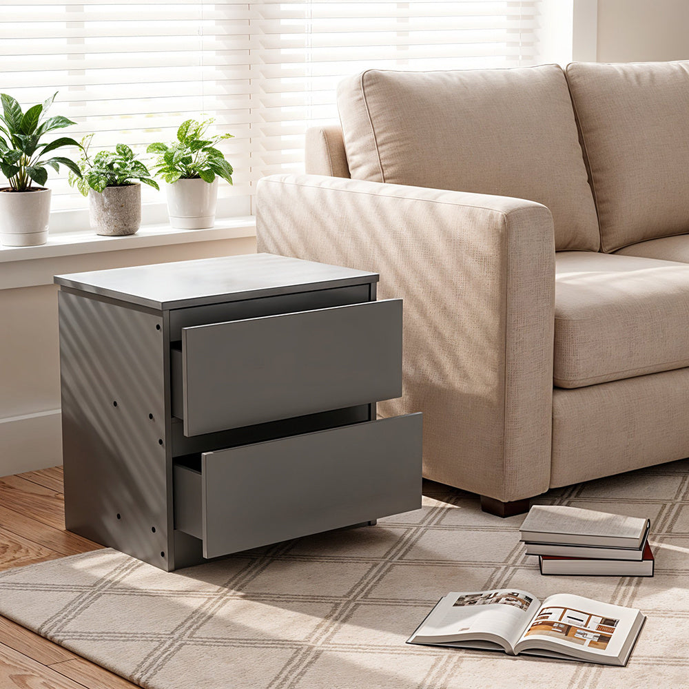 2 Drawer Wooden Bedroom Bedside Cabinet No Handle Storage Nightstand Side Table, Wooden Nightstand with 2 Storage Drawers, Sturdy Modern Sofa Side End Table Chest of Drawers Cabinet for Bedroom, Living Room, 32x30x41 cm, Grey