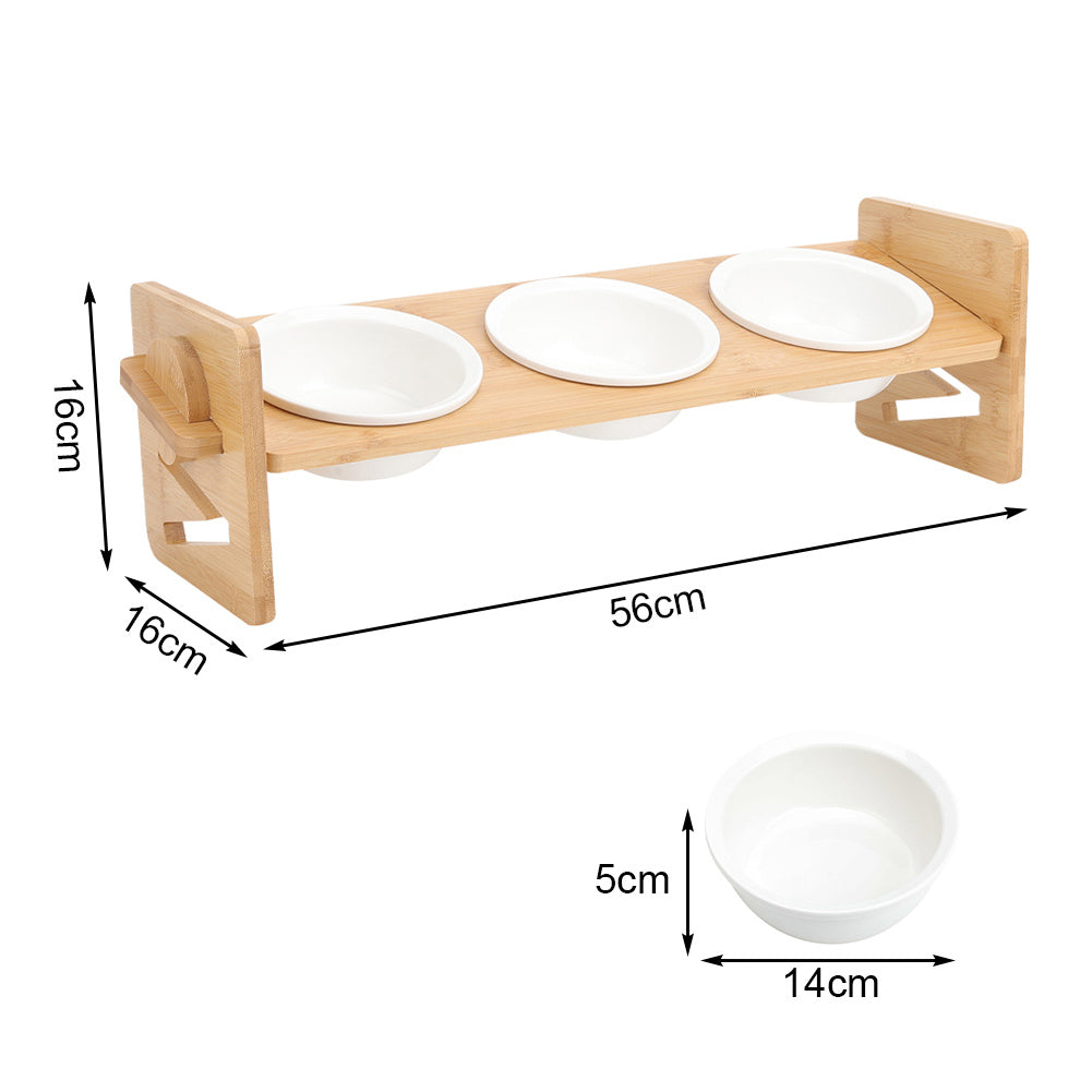Raised Cat Bowl, Cat Bowls with Stand Tilted 15°, Adjustable Elevated Ceramic Cat Food Bowl for Cats and Small Dog, Adjustable Dog Bowl Stand - Raised Bamboo Stand with One, Two, or Three Ceramic Bowls for Feeding Small,Medium Sized Dogs, Cats,and Pets -