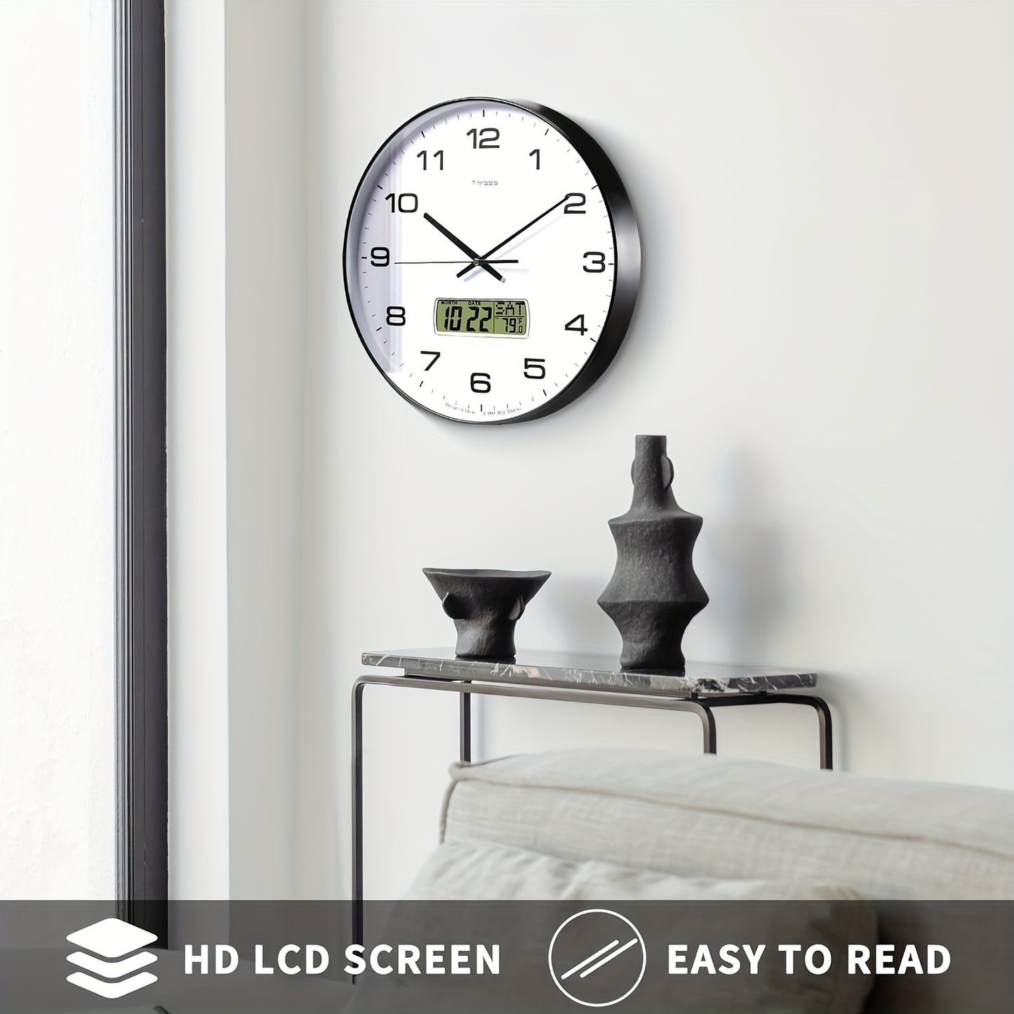 TIMESS Calendar Display Analog Wall Clock, 12/14 Inch 2-color Large Dial Silent, Can Display Perpetual Calendar And Fahrenheit Temperature, Bedroom, Office, School Decoration