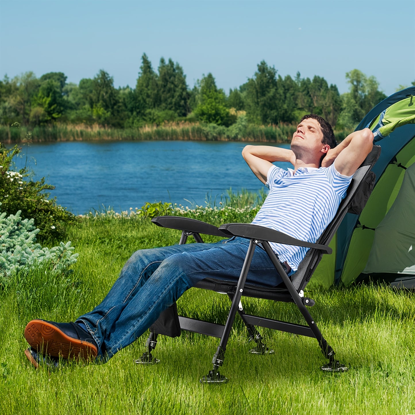 Portable Outdoor Fishing Chair, Thickened Aluminum Frame, 4-Level Adjustable Backrest, Telescopic Big Foot Legs, Breathable Mesh Detachable Cushion, Front And Rear Storage Bags with Tool Bag