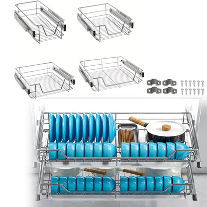 Slide-Out Wire Storage Baskets - Set of 2 or 4, Chrome Organiser Drawers for Kitchen Cabinets, Pantry & Bathroom (Fits Base Units)