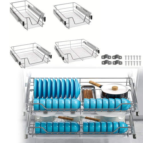 Slide-Out Wire Storage Baskets - Set of 2 or 4, Chrome Organiser Drawers for Kitchen Cabinets, Pantry & Bathroom (Fits Base Units)