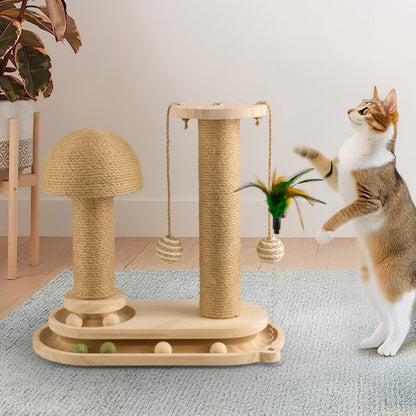 4-in-1 Cat Scratching Post with Sisal Rope, Ball Track & Spring Toy – Interactive Solid Wood Cat Activity Centre, 2 Sizes