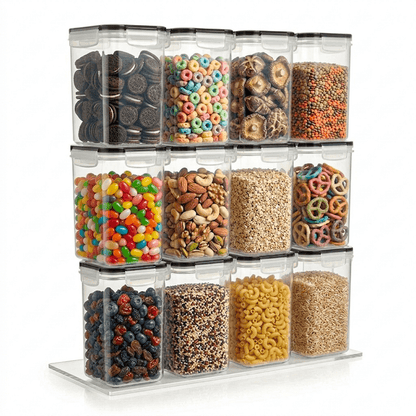 AEX Airtight Cereal Storage Containers Pantry Food Organization Dispenser Sugar, Flour, Snack Leak-proof With Black Locking Lids (Pack of 4, 8, 12, 16)