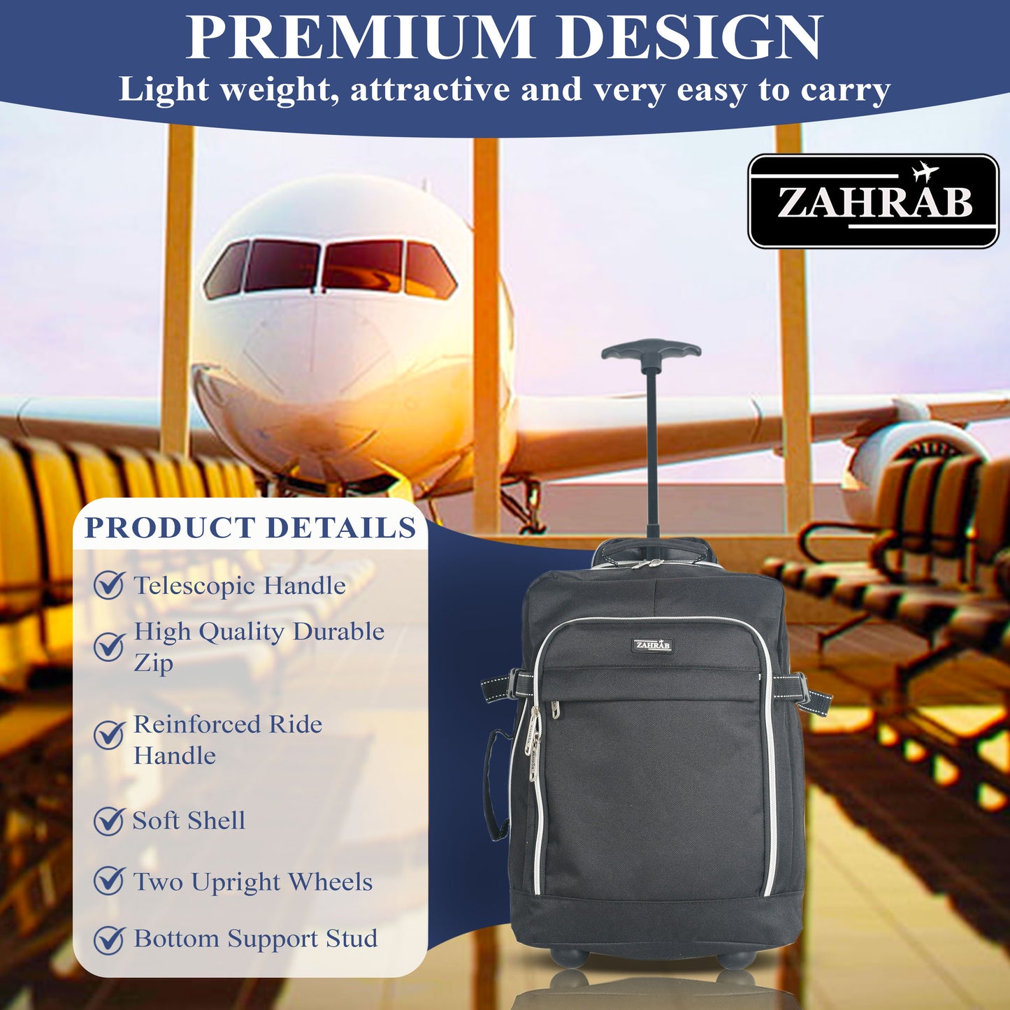 ZAHRAB 40x30x20cm Cabin Bag Underseat Bag Lightweight Hand Luggage Cabin Trolley with Wheels Flight Bags Suit Case