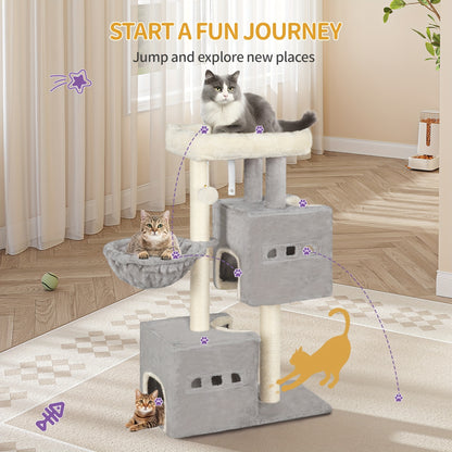 Cat Tree, Small Scratching Post, Multi-Storey Scratching Post with Perch, Cat House Furniture with 2 Caves, Sisal Cat Scratching Post, Hammock, 98 Cm