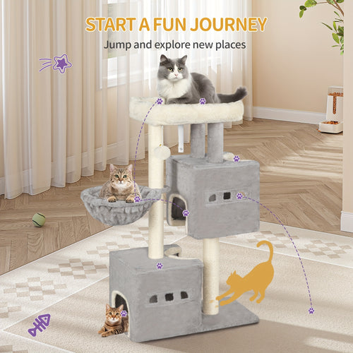 Cat Tree, Small Scratching Post, Multi-Storey Scratching Post with Perch, Cat House Furniture with 2 Caves, Sisal Cat Scratching Post, Hammock, 98 Cm
