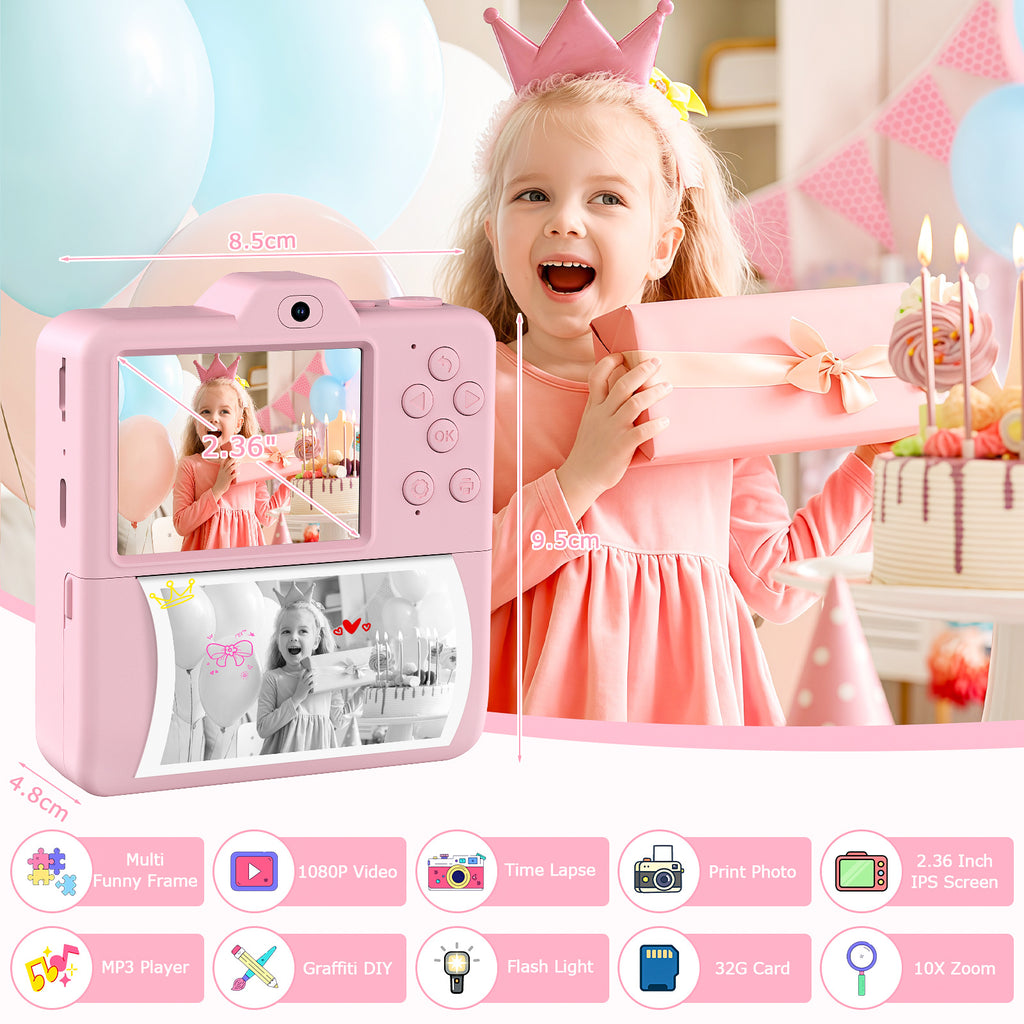 Kids Instant Print Camera Dual Lens 1080P HD - Children's Camera with 5 Rolls Photo Paper | 2.4" Screen | Birthday Christmas Gift for Girls & Boys