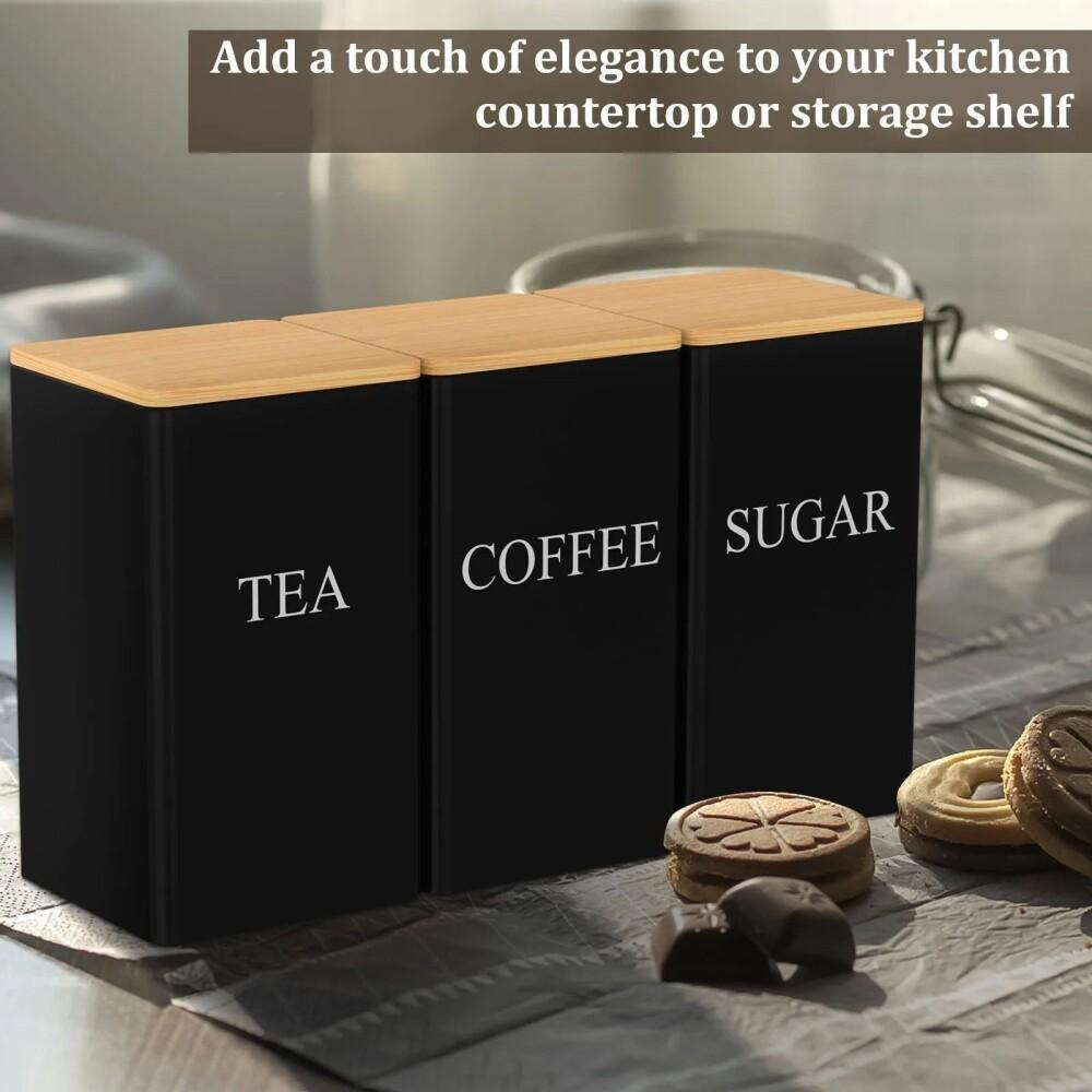 Set of 3 Black Storage Jars/Metal Canisters Designed for Keeping Coffee Beans/Sugar/And Tea/Perfect for Daily Organization in The Kitchen