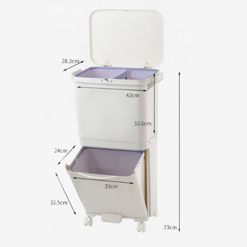 38L Rolling Dual Compartment Waste Bin with Casters – Wet & Dry Separation Rubbish Bin for Office & Living Room, Sturdy Plastic, 42x28x73cm